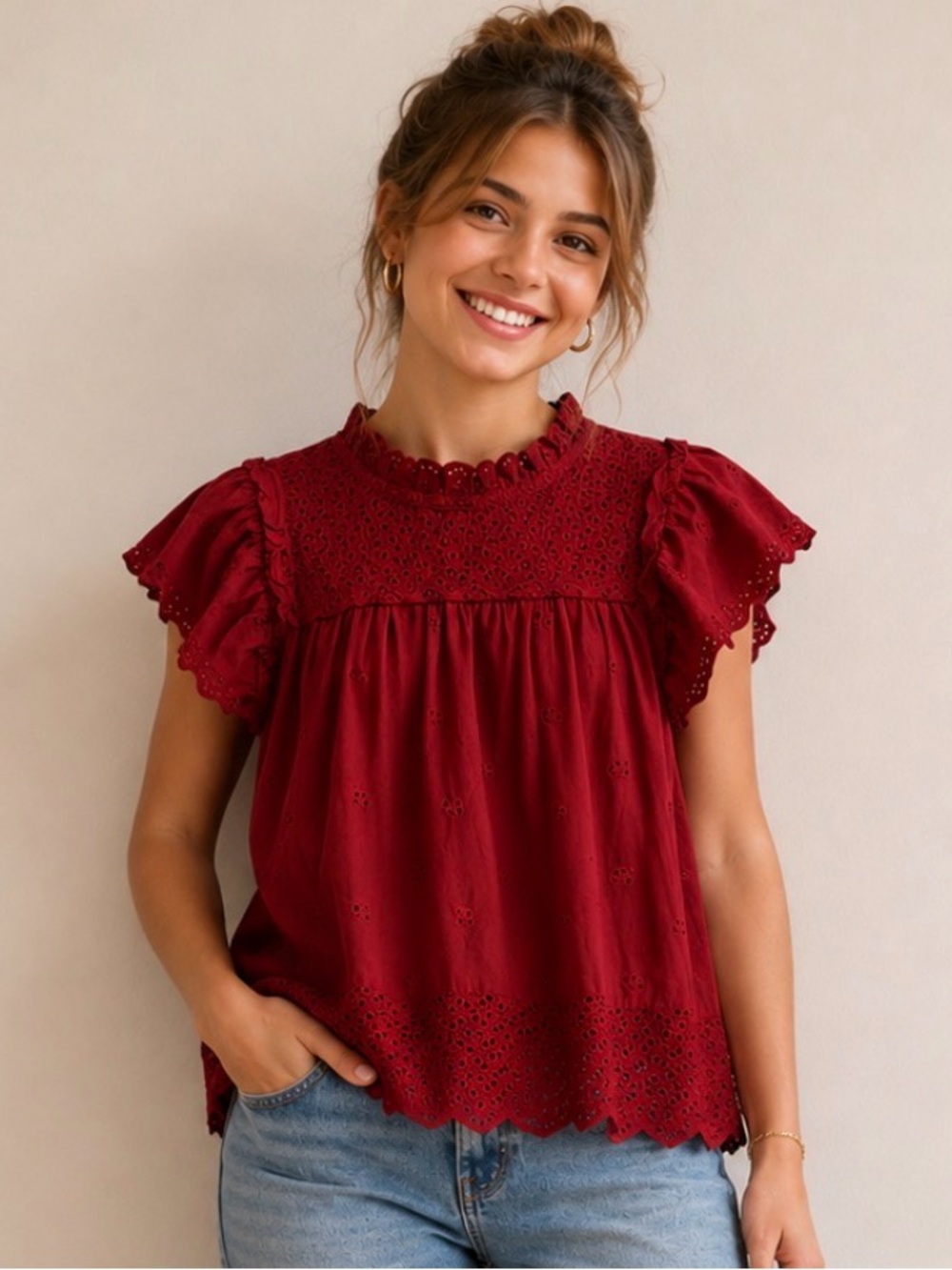 Calypso St Barth Broderie Anglaise Cotton Blouse Eyelet Ruffle Cottage Sz Small